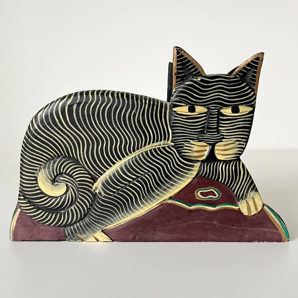 Wooden Cat Carved Painted Napkin Letter Holder Polka Dot Folk Art Halloween Fall
